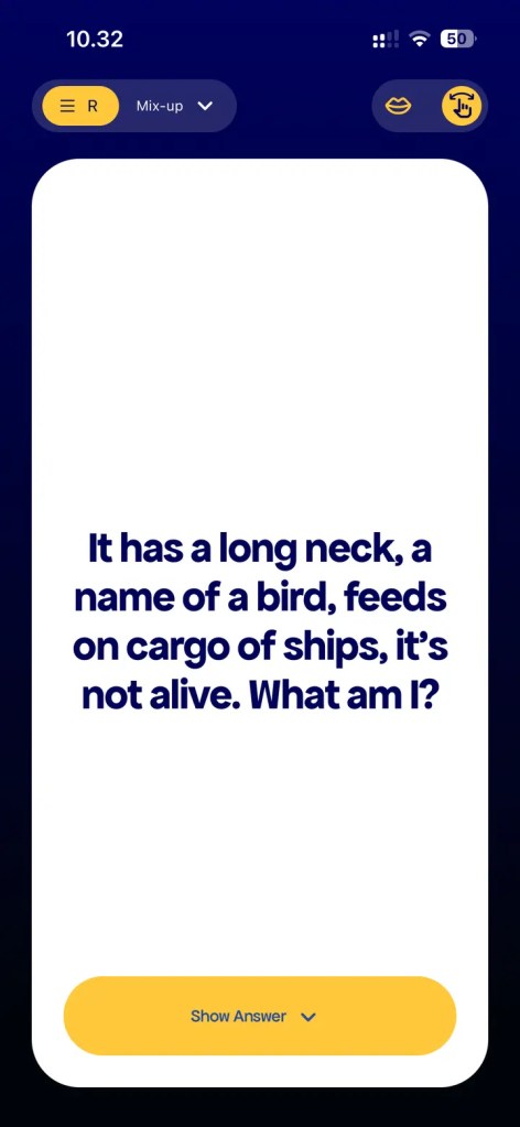 Rydlme mobile app showing a riddle before the answer is revealed.