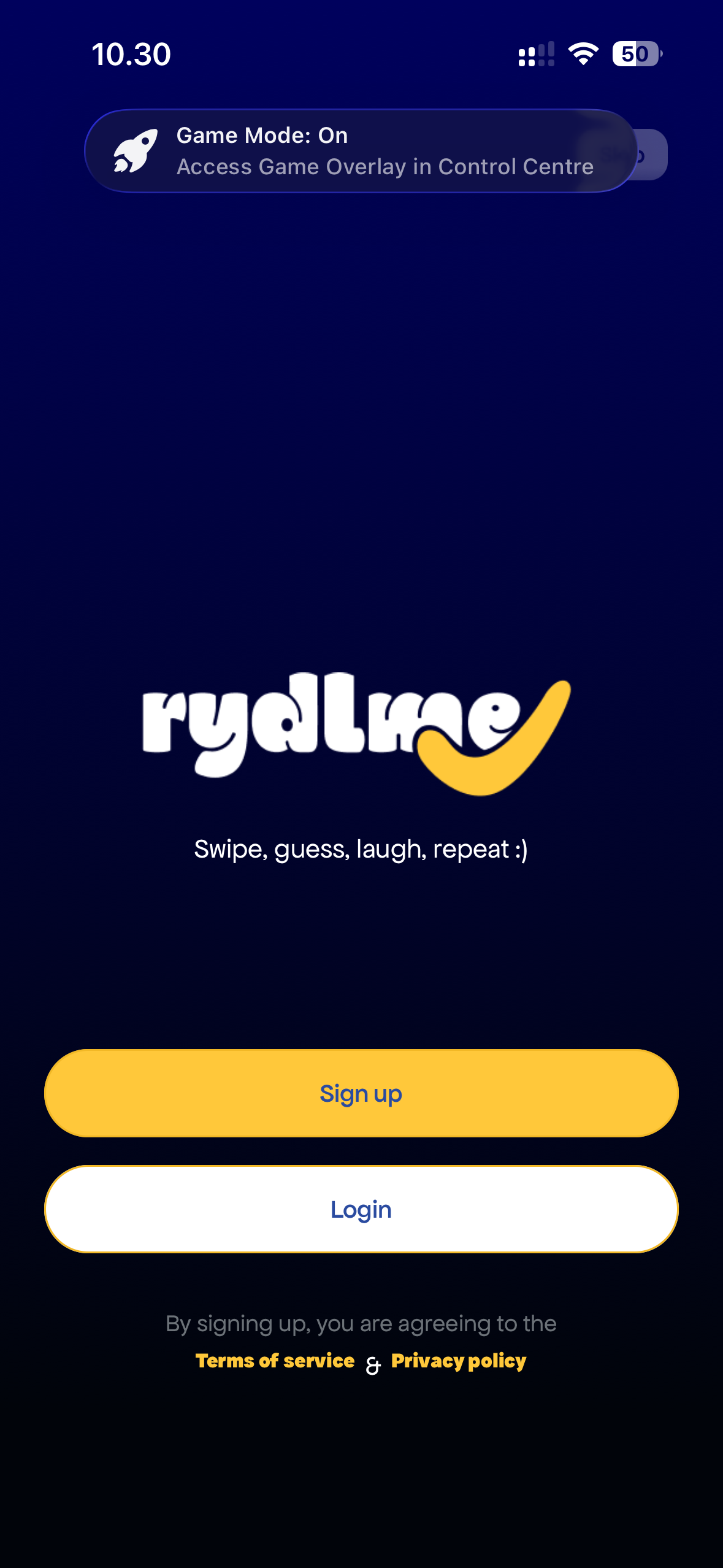Rydlme welcome screen with sign up and login options.