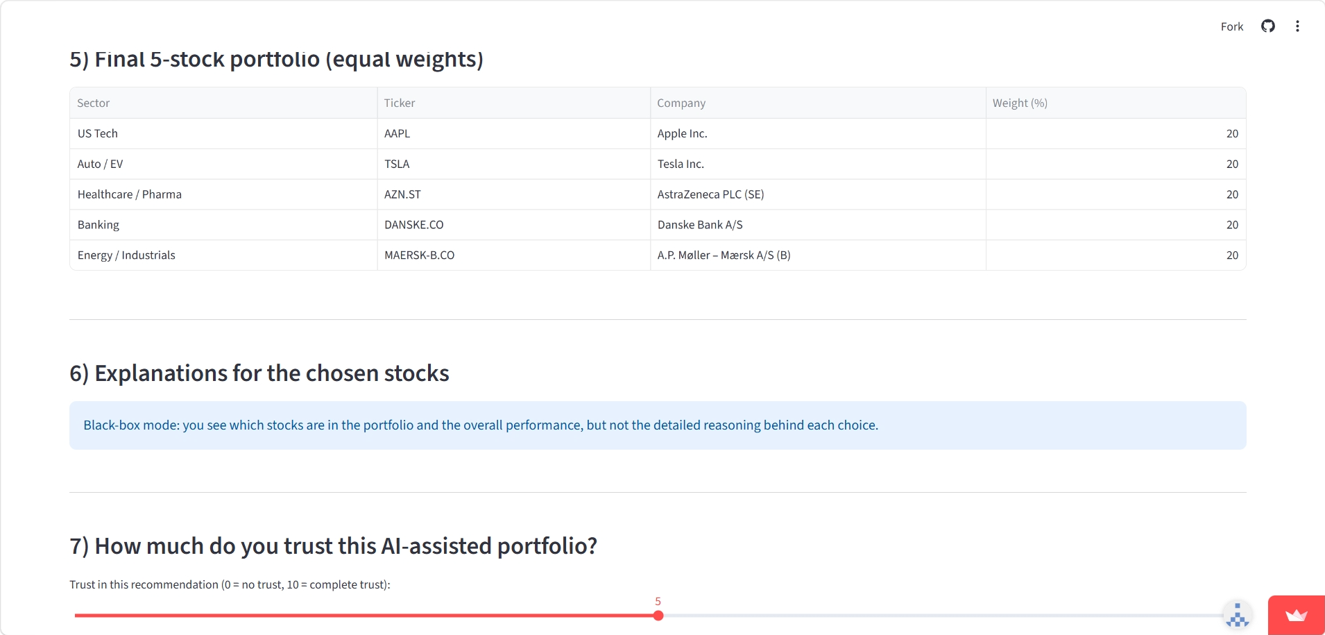 Five-stock portfolio in black-box mode with no reasons shown, followed by trust rating controls.