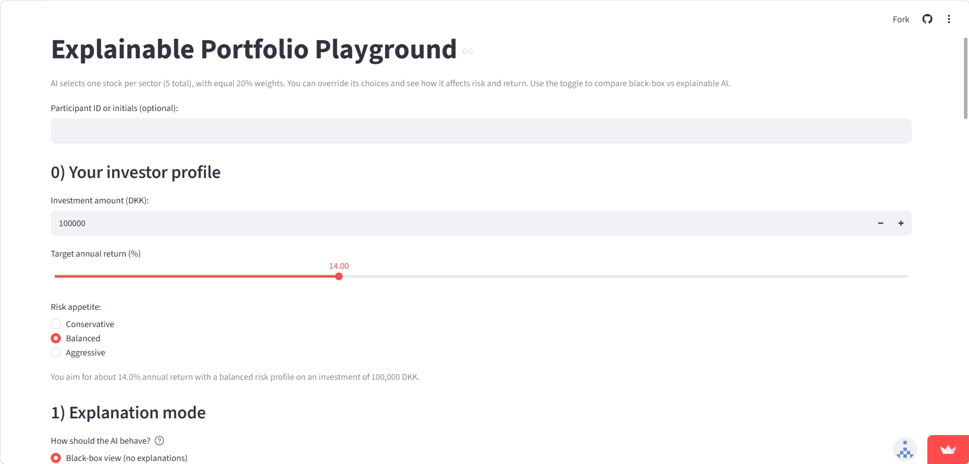 Investor profile and black-box versus explainable mode selection in the Streamlit prototype.