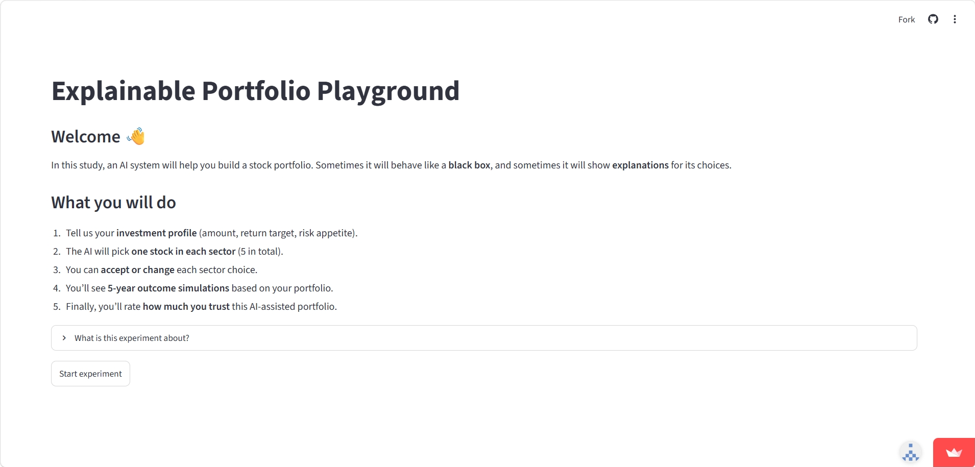 Welcome screen explaining the steps in the black-box and explainable AI experiment.